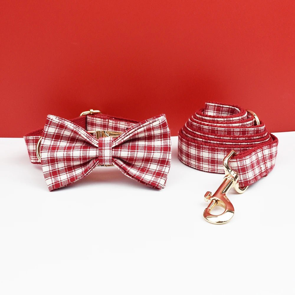 Petspuff Personalised Red Plaid Dog Collar, Harness & Lead Set – Engraved Name Tag & Bow | Style 28