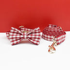 Petspuff Personalised Red Plaid Dog Collar, Harness & Lead Set – Engraved Name Tag & Bow | Style 28