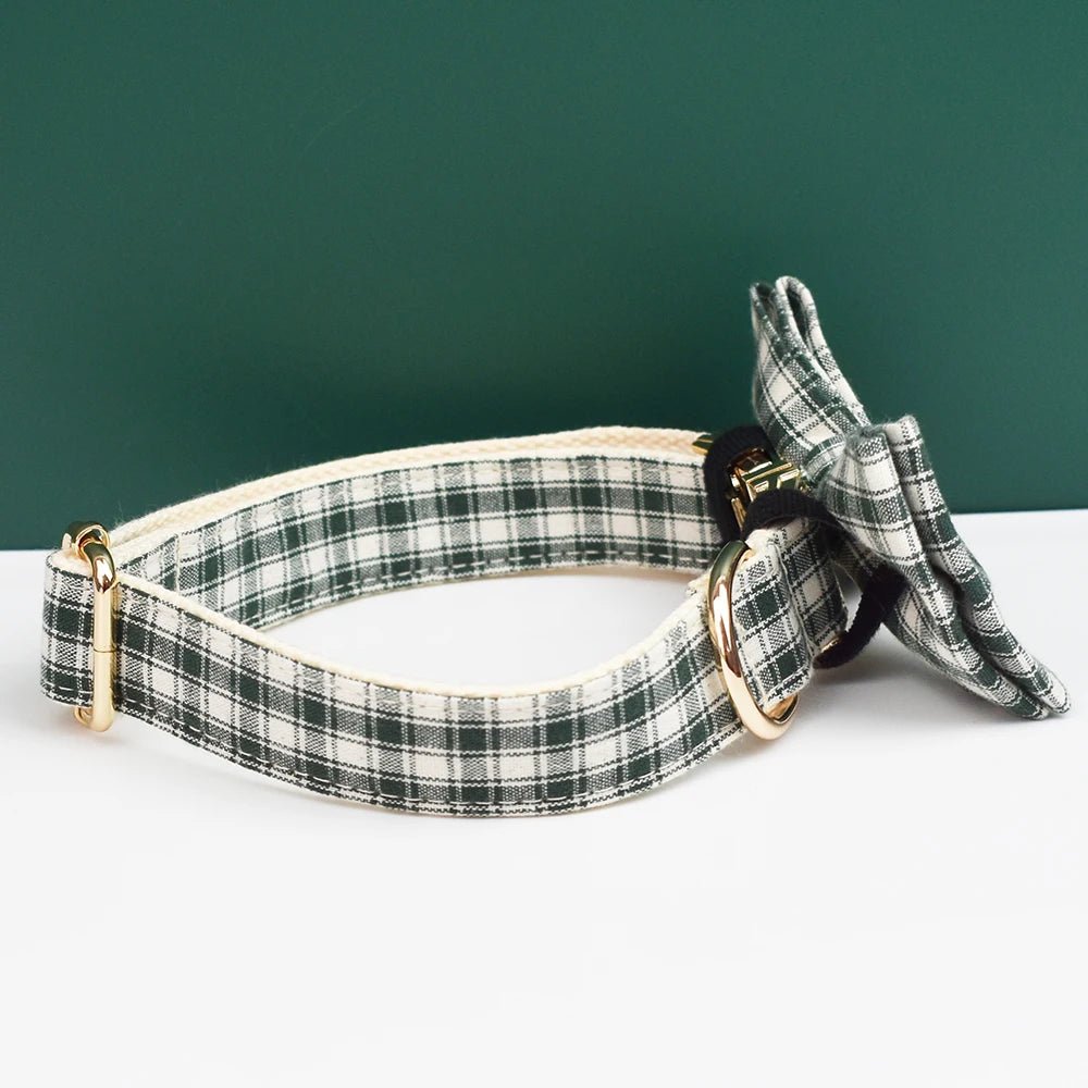 Petspuff Personalised Green Plaid Dog Collar, Harness & Lead Set – Engraved Name Tag & Bow - Petspuff