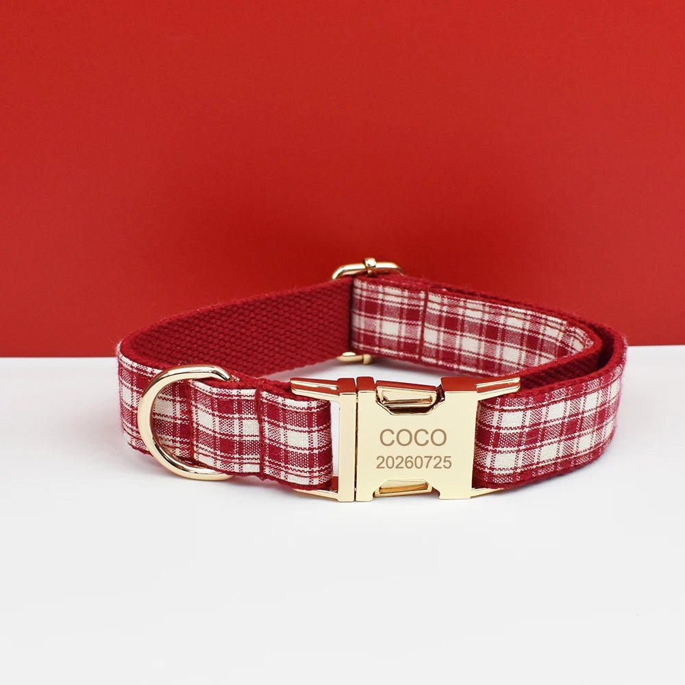 Petspuff Personalised Red Plaid Dog Collar, Harness & Lead Set – Engraved Name Tag & Bow | Style 28
