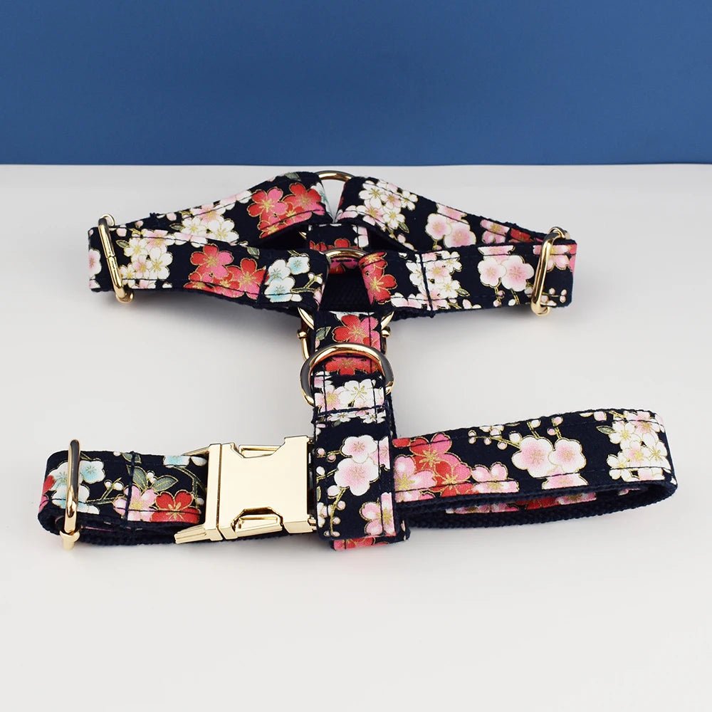 Petspuff Personalised Floral Cotton Dog Collar, Harness & Lead Set – Engraved Name Tag & Bow | Style 03