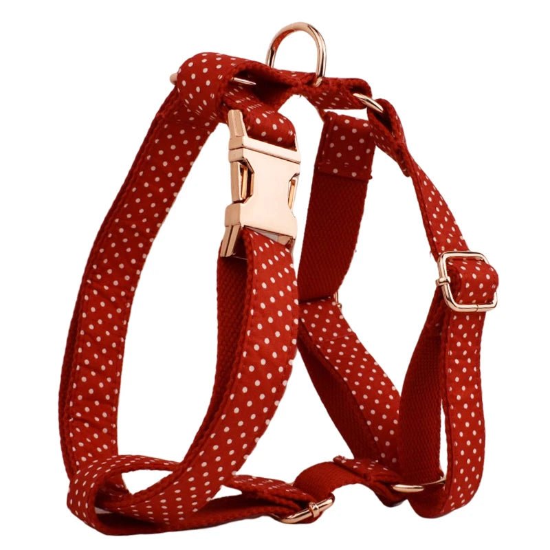 Petspuff Personalised Polka Dot Dog Collar & Lead Set – Engraved Name Tag, Bow & Harness - Petspuff