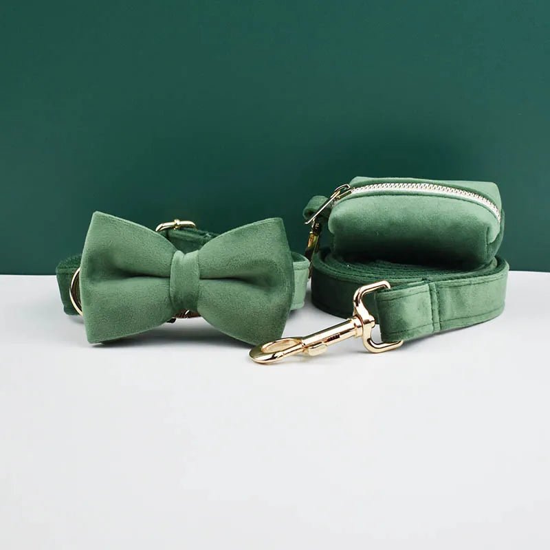 Petspuff Personalised Forest Green Velvet Dog Collar & Lead Set – Engraved Name Tag, Bow & Harness - Petspuff