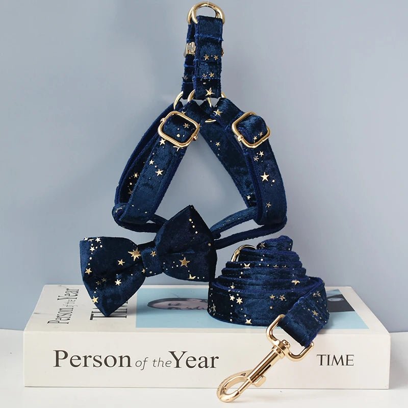 Petspuff Personalised Bow Dog Harness & Lead – Engraved ID Tag, Gold Hardware | S–XL - Petspuff