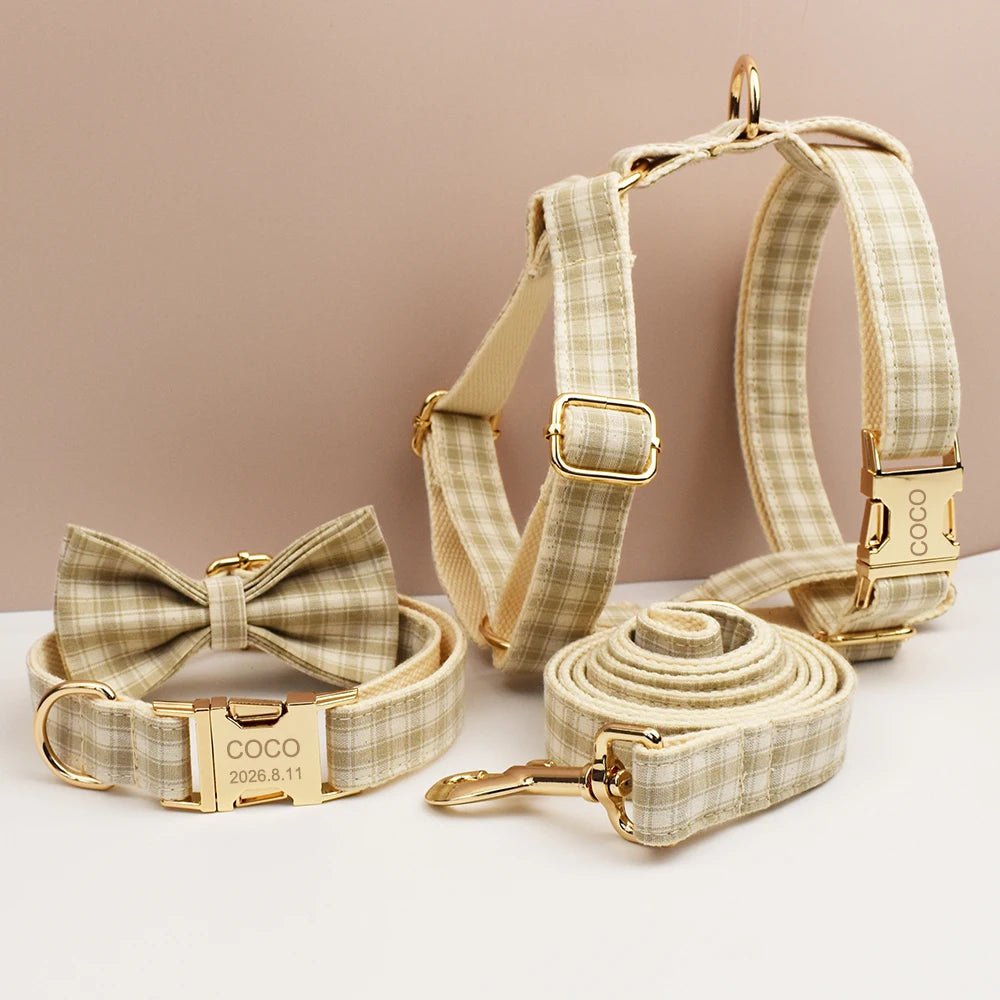 Petspuff Personalised Plaid Dog Collar, Harness & Lead Set – Engraved Name Tag & Bow | Style 23