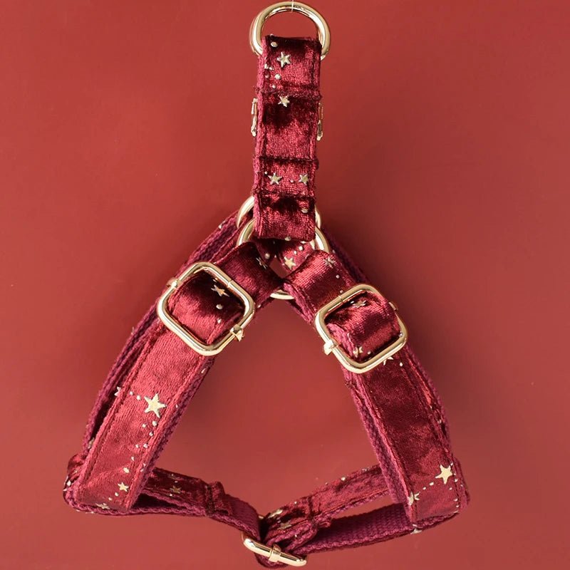 Petspuff Personalised Wine Red Velvet Dog Harness & Lead – Engraved ID Tag, Gold Hardware & Bow - Petspuff