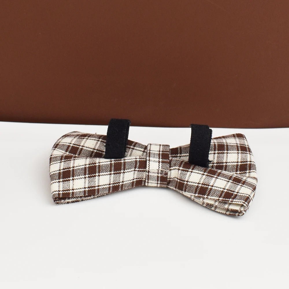 Petspuff Personalised Coffee Plaid Dog Collar, Harness & Lead Set – Engraved Name Tag & Bow
