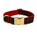 Petspuff Personalised Red Check Christmas Dog Collar & Lead Set – Engraved Name Tag & Bow