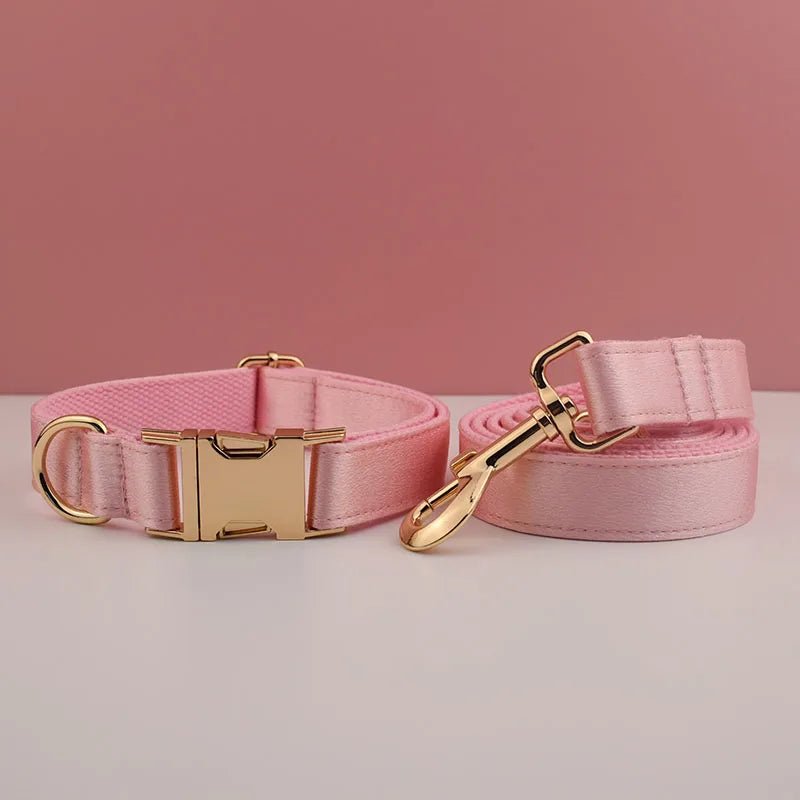 Petspuff Personalised Pink Print Dog Collar & Lead for Medium & Large Dogs – Engraved Name Tag & Bow