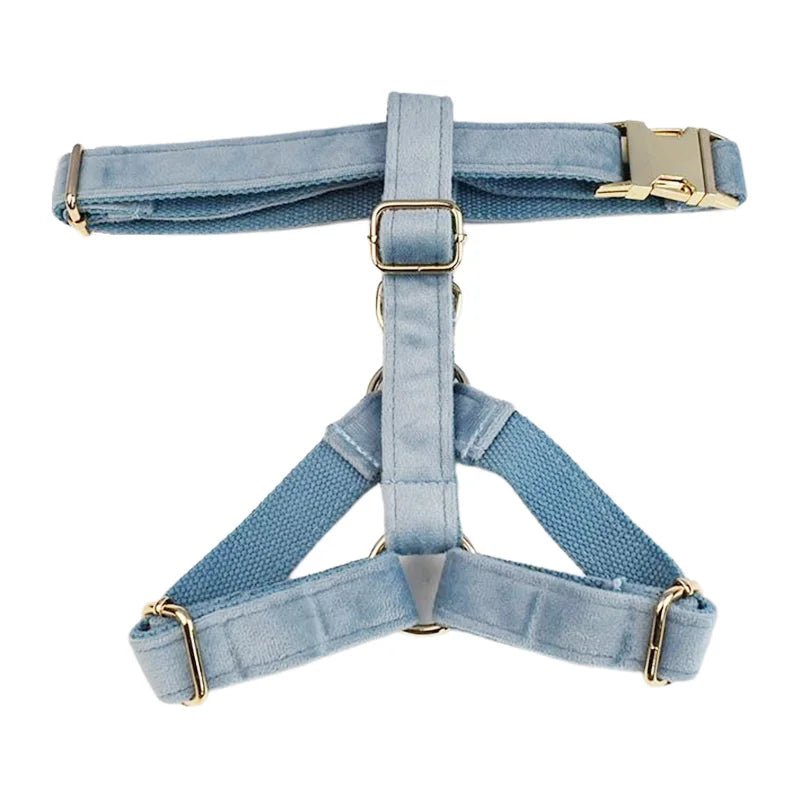 Petspuff Personalised Nordic Blue Velvet Dog Collar & Lead Set – Engraved Name Tag, Bow & Harness