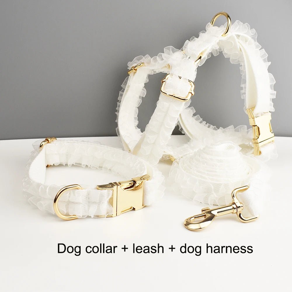 Petspuff Personalised White Lace Dog Collar, Harness & Lead – Engraved Name Tag | Wedding Dog