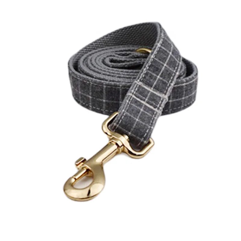 Petspuff Personalised Grey Check Dog Collar, Harness & Lead Set – Engraved Name Tag, Bow & Poop Bag Holder