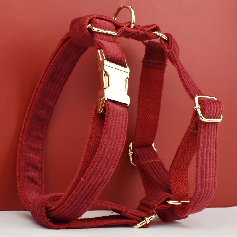 Petspuff Personalised Wine Red Corduroy Dog Collar & Lead Set – Engraved Name Tag, Bow & Harness
