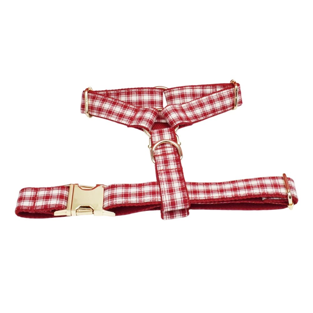 Petspuff Personalised Red Plaid Dog Collar, Harness & Lead Set – Engraved Name Tag & Bow | Style 28