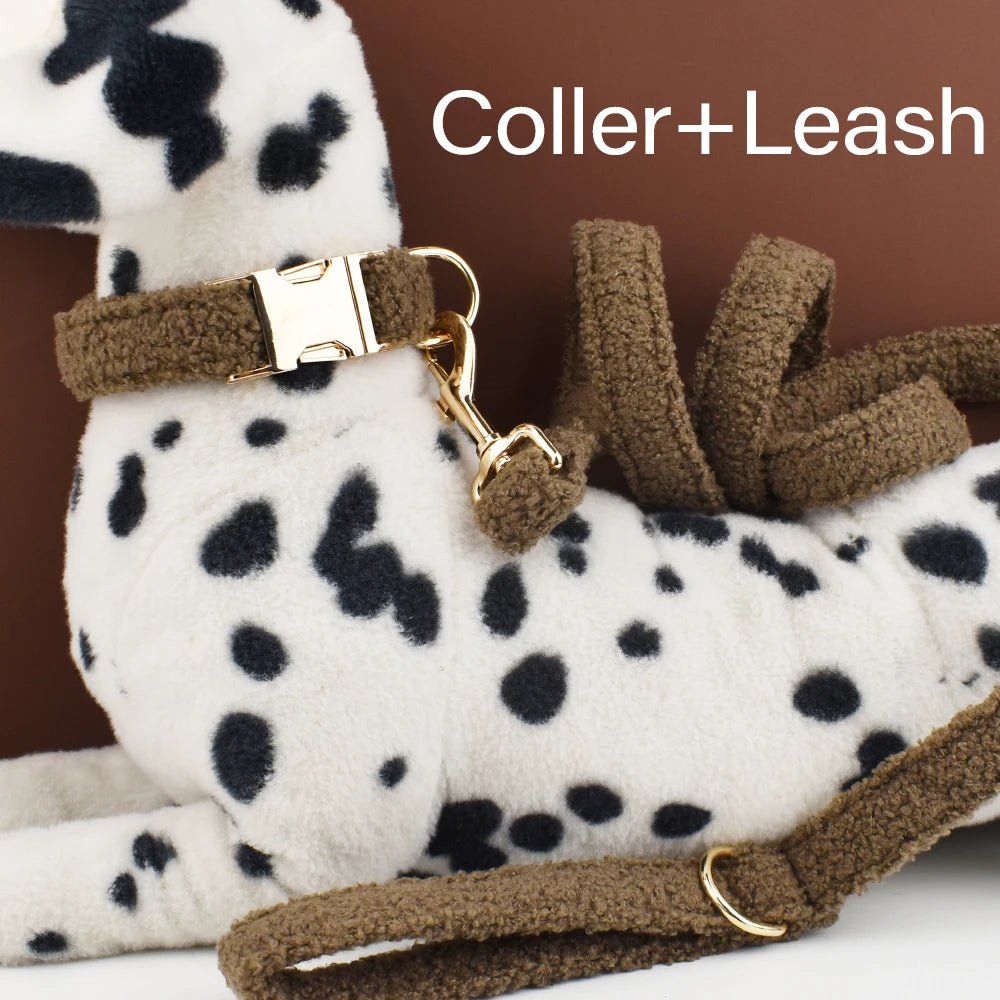 Petspuff Personalised Teddy Fleece Dog Collar & Lead Set – Engraved Name Tag, Harness | 4 Colours - Petspuff