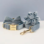 Petspuff Personalised Nordic Blue Velvet Dog Collar & Lead Set – Engraved Name Tag, Bow & Harness