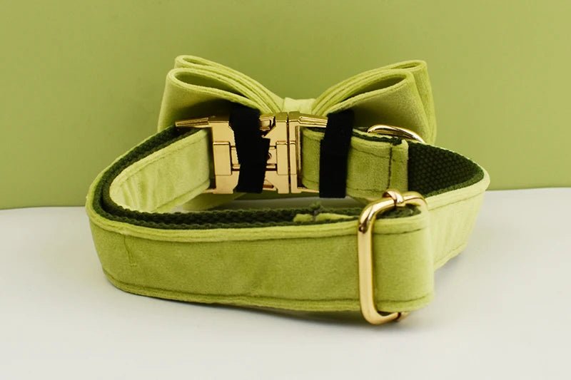 Petspuff Personalised Avocado Green Velvet Dog Collar & Lead Set – Engraved Name Tag, Bow & Harness - Petspuff