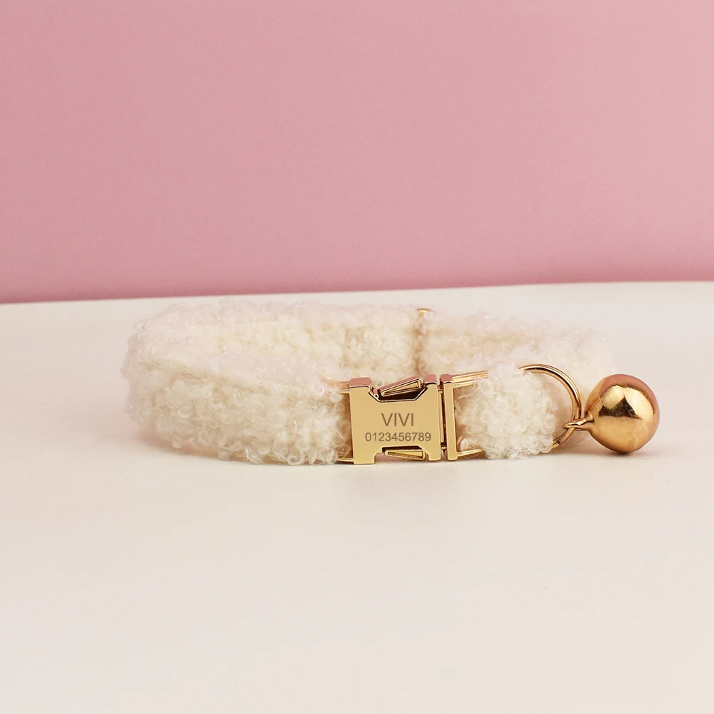 Petspuff Personalised Teddy Fleece Cat Collar with Bell & Bow Tie – Engraved Name Tag