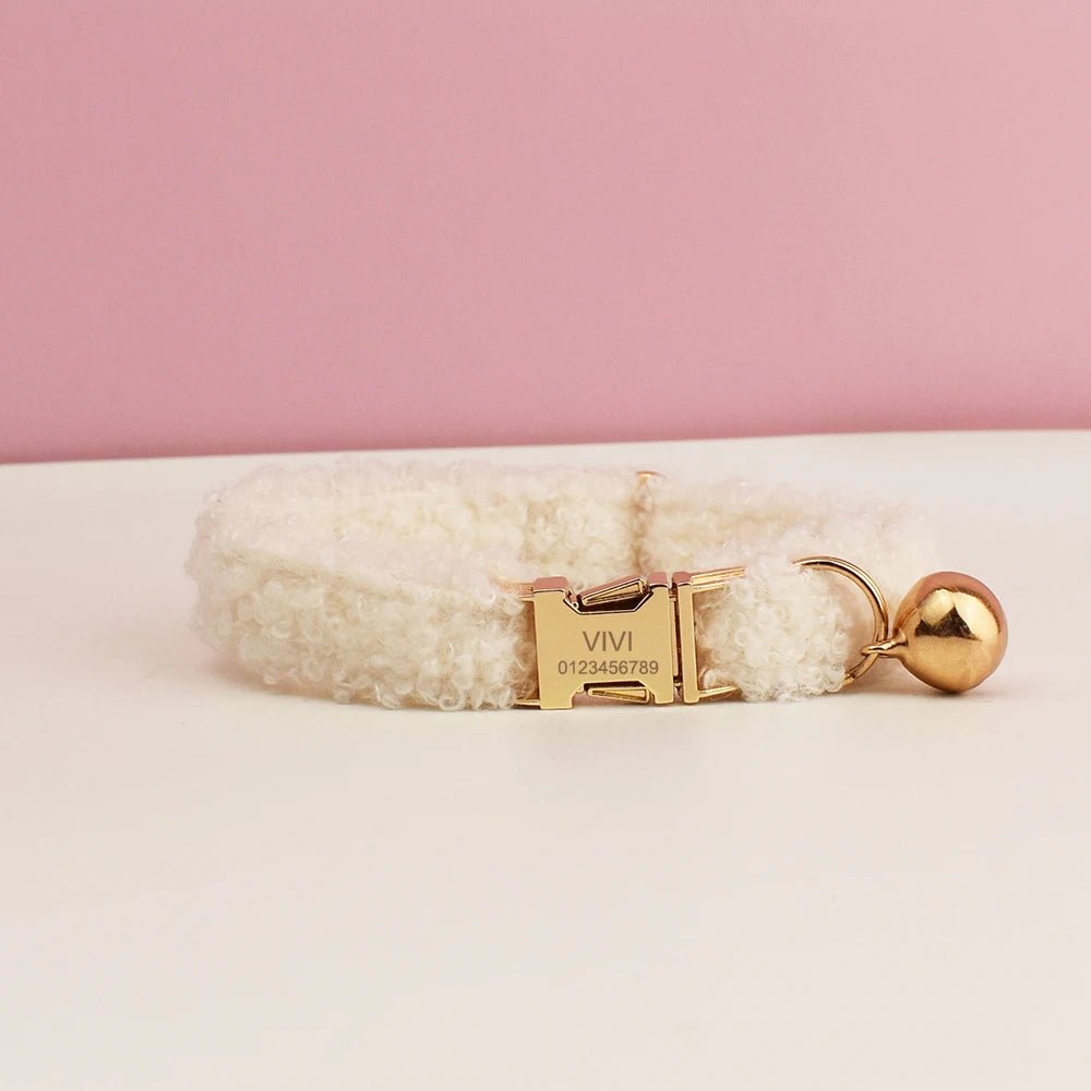 Petspuff Personalised Teddy Fleece Cat Collar with Bell & Bow Tie – Engraved Name Tag
