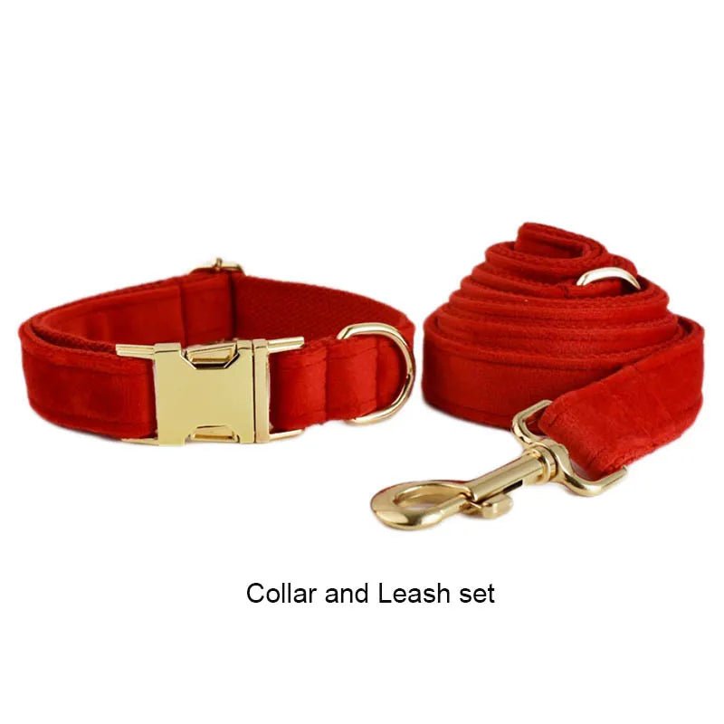 Petspuff Personalised Red Velvet Dog Collar & Lead Set – Engraved Name Tag, Bow & Harness - Petspuff