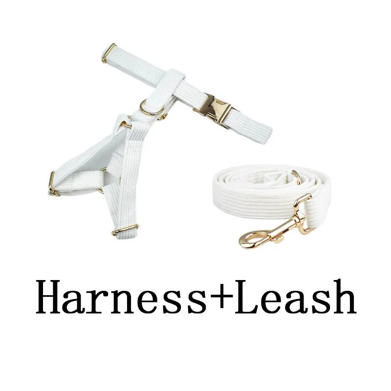 Petspuff Personalised White Corduroy Dog Collar & Lead Set – Engraved Name Tag, Bow & Harness