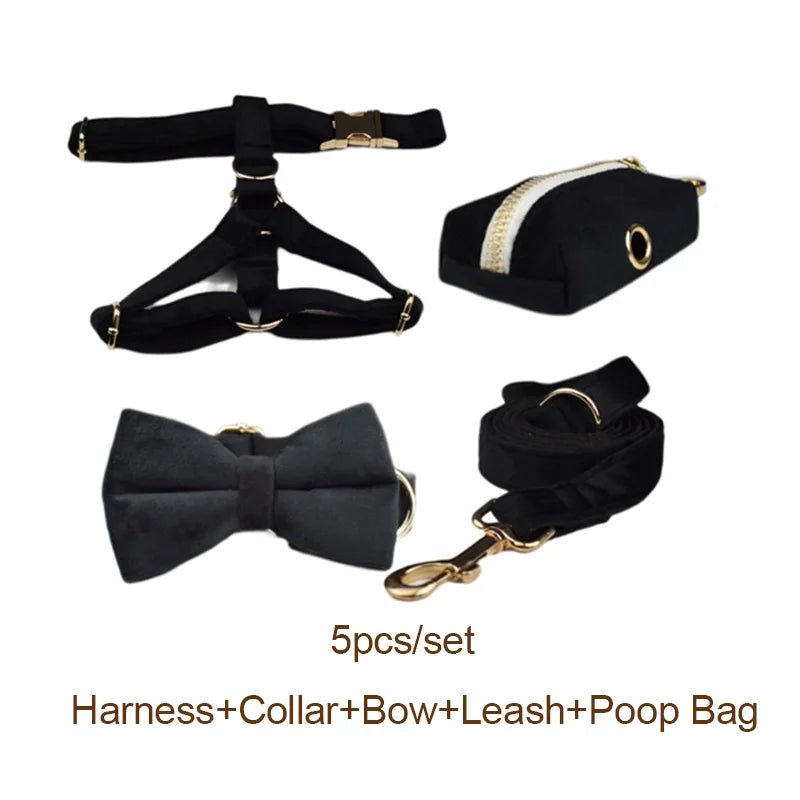 Petspuff Personalised Black Velvet Dog Collar & Lead Set – Engraved Name Tag, Bow & Harness