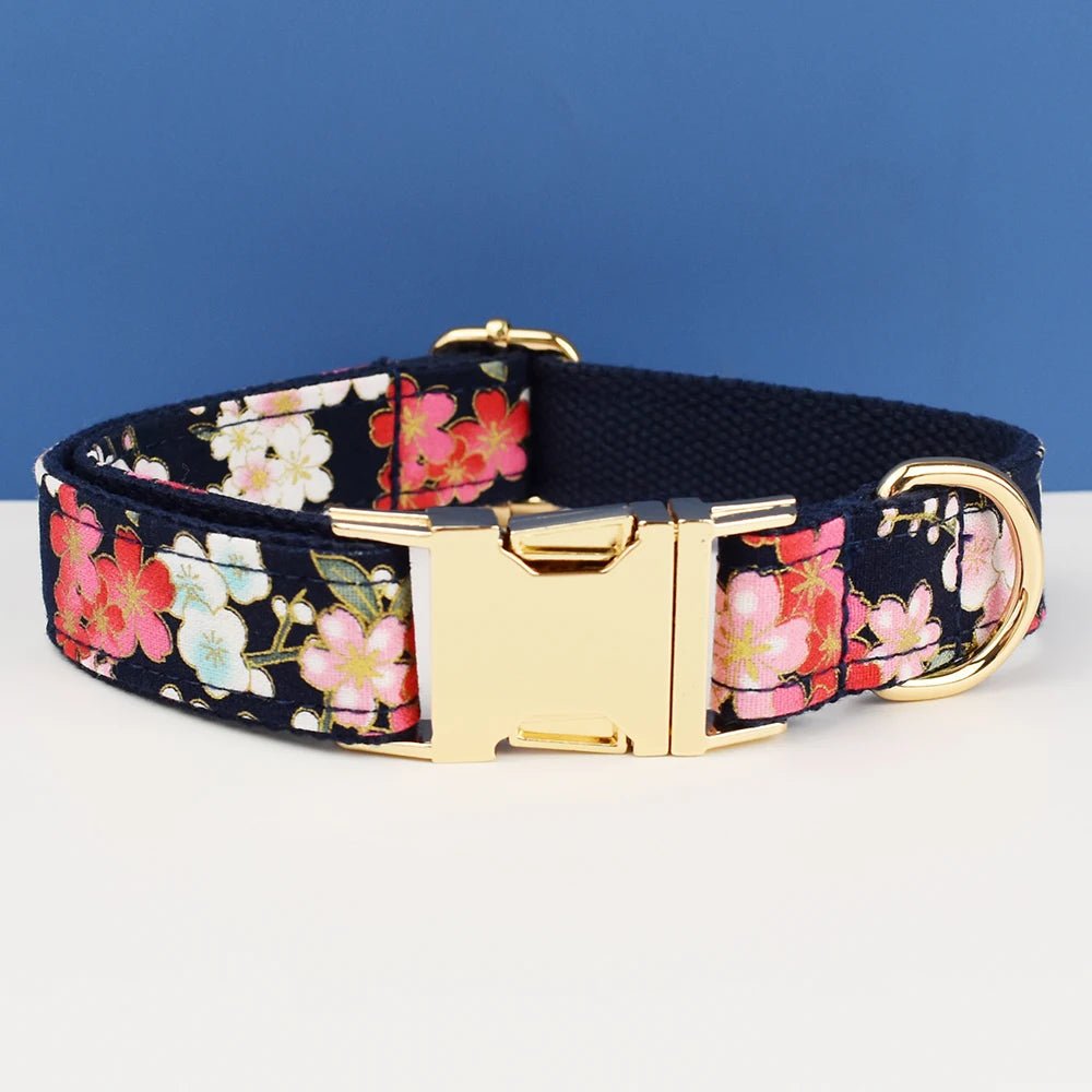Petspuff Personalised Floral Cotton Dog Collar, Harness & Lead Set – Engraved Name Tag & Bow | Style 03