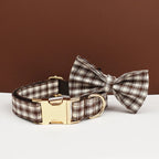 Petspuff Personalised Coffee Plaid Dog Collar, Harness & Lead Set – Engraved Name Tag & Bow