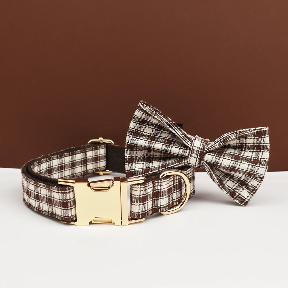 Petspuff Personalised Coffee Plaid Dog Collar, Harness & Lead Set – Engraved Name Tag & Bow