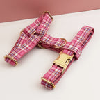 Petspuff Personalised Rose Pink Plaid Dog Collar, Harness & Lead Set – Engraved Name Tag
