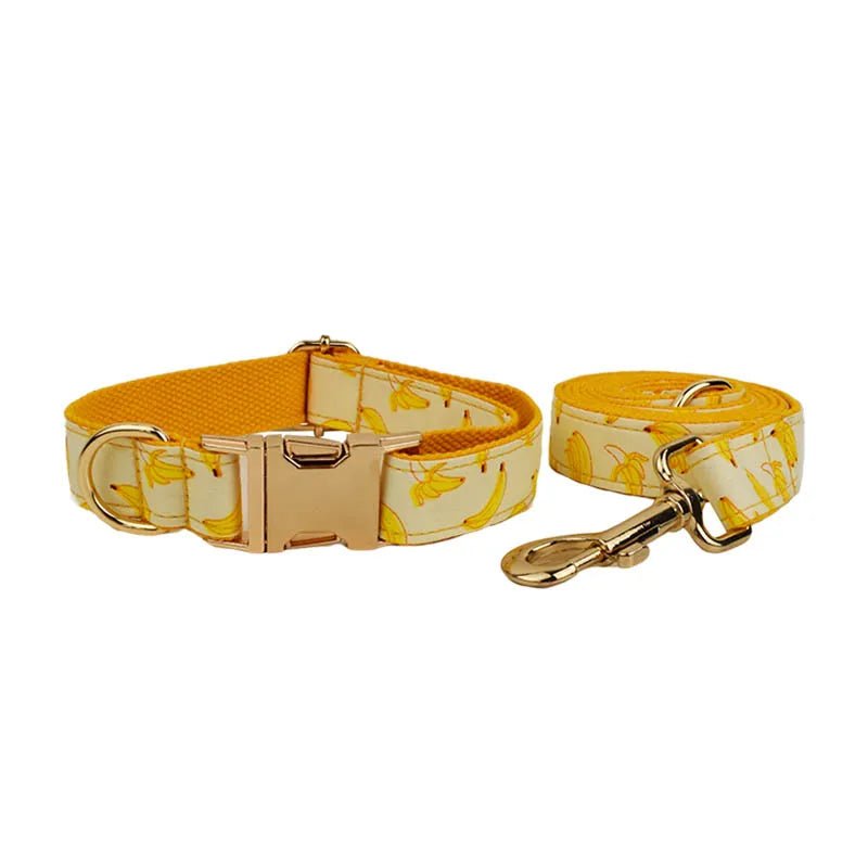 Petspuff Personalised Banana Print Dog Collar, Harness & Lead Set – Engraved Name Tag & Bow