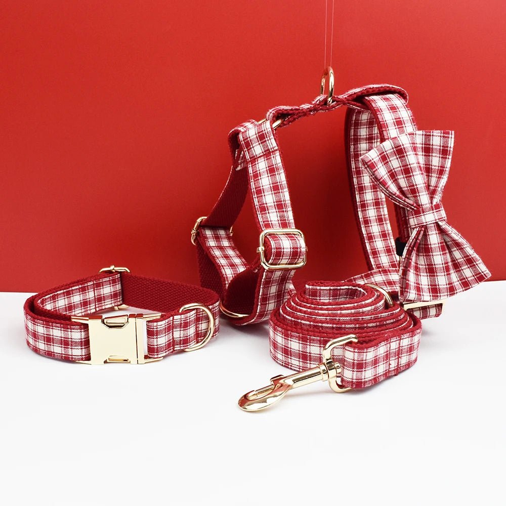 Petspuff Personalised Red Plaid Dog Collar, Harness & Lead Set – Engraved Name Tag & Bow | Style 28