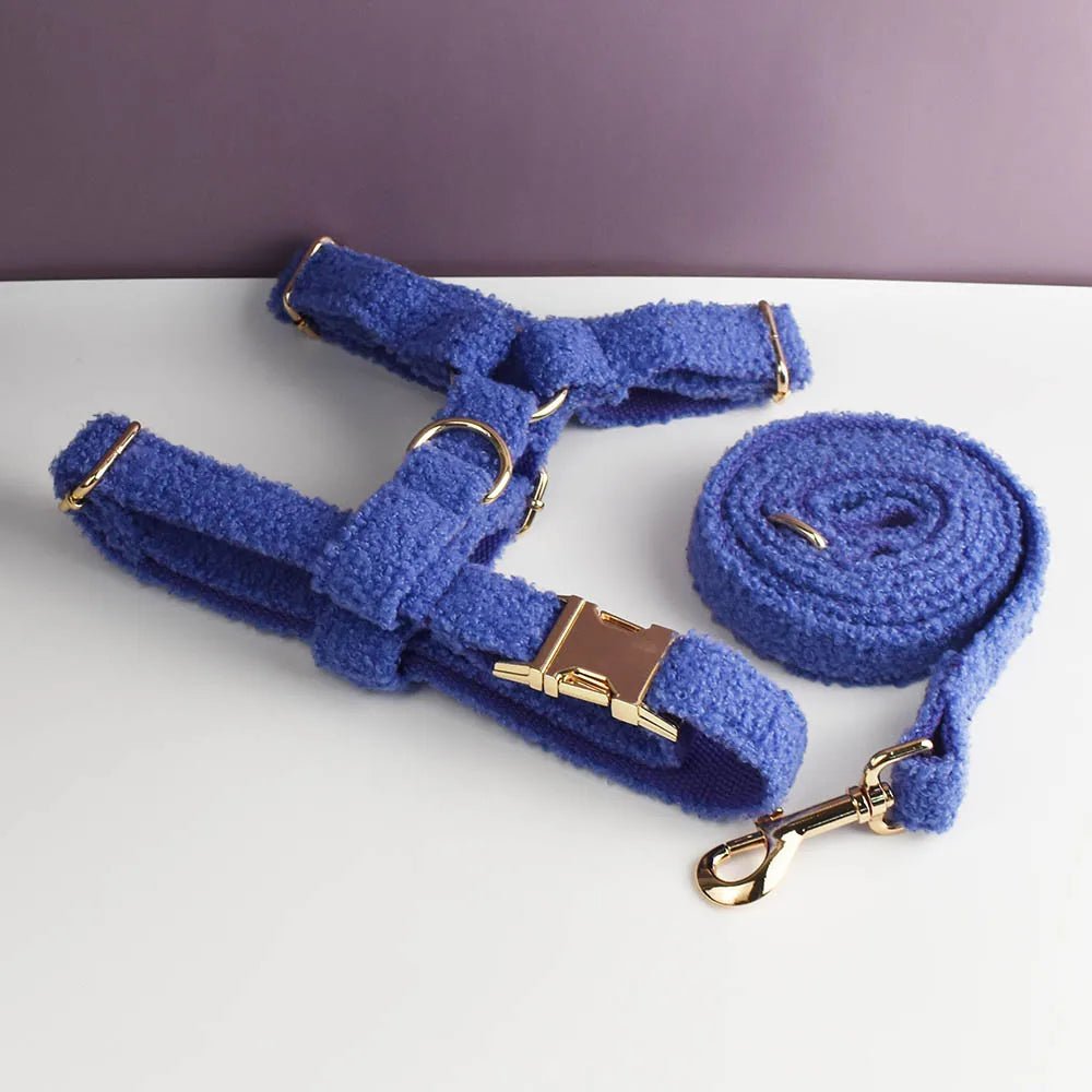Petspuff Personalised Teddy Velvet Dog Collar, Harness & Lead Set – Engraved Name Tag & Bow | Style 08 - Petspuff