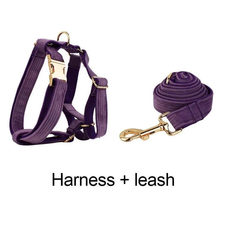 Petspuff Personalised Corduroy Dog Collar & Lead Set – Engraved Name Tag, Bow, Harness & Poop Bag