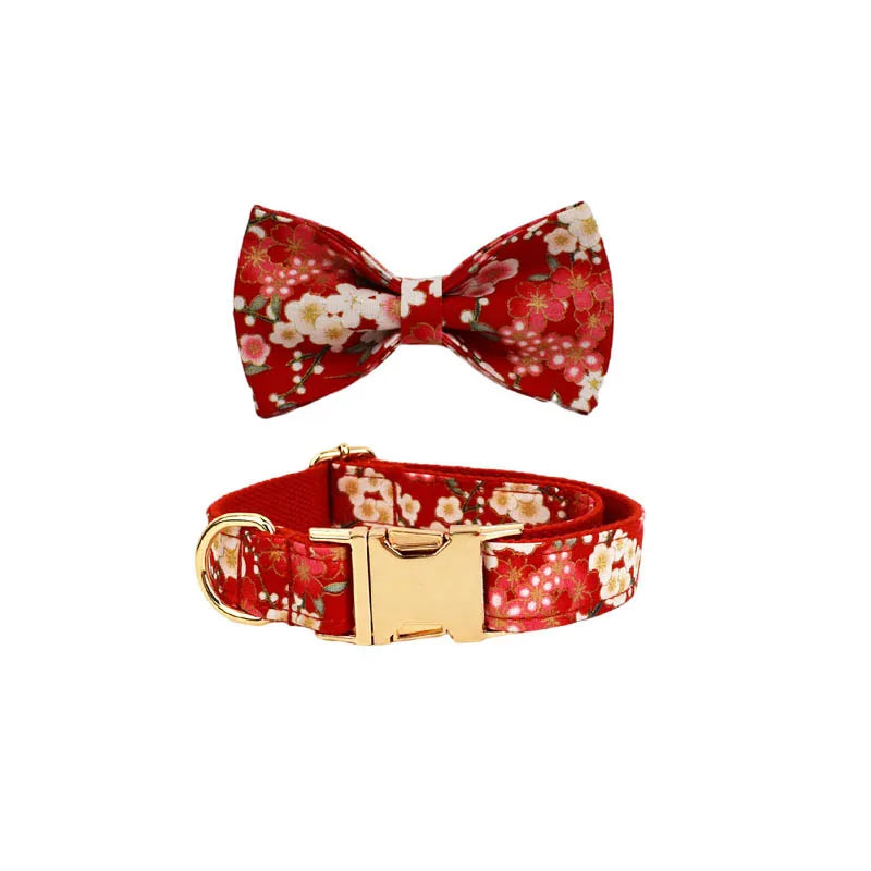 Petspuff Personalised Red Floral Cotton Dog Collar, Harness & Lead Set – Engraved Name Tag, Bow & Flower
