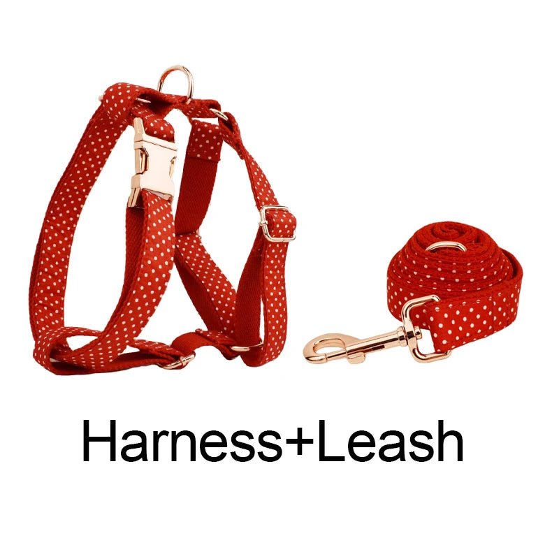 Petspuff Personalised Polka Dot Dog Collar & Lead Set – Engraved Name Tag, Bow & Harness - Petspuff