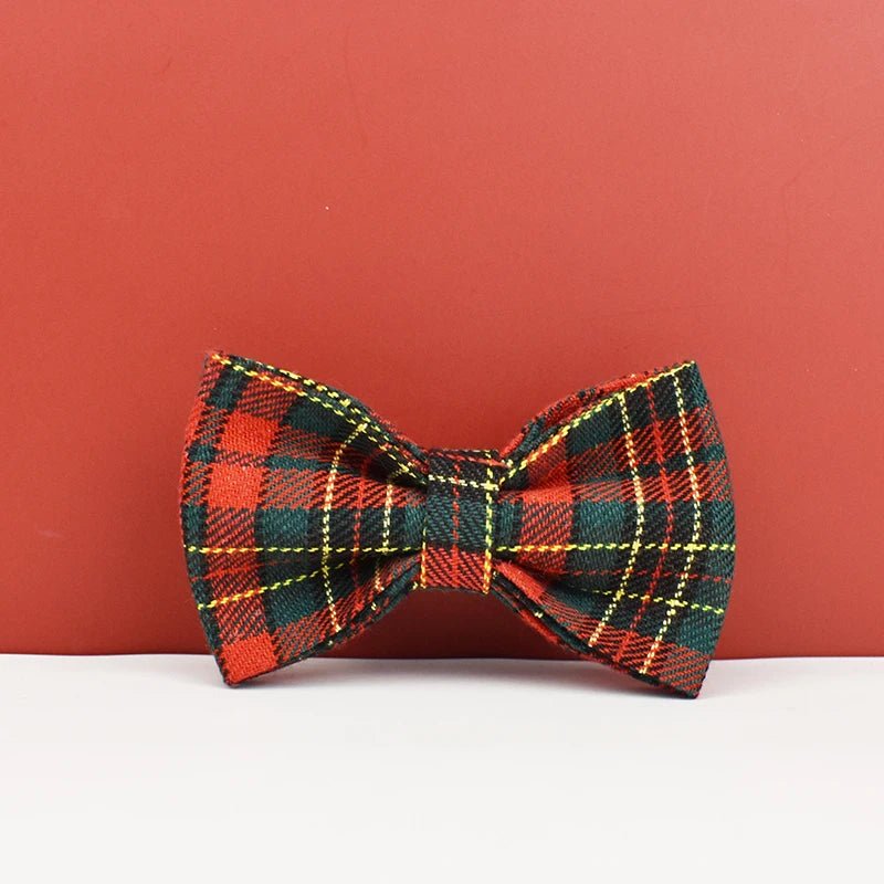 Petspuff Personalised Red Check Christmas Dog Collar & Lead Set – Engraved Name Tag & Bow