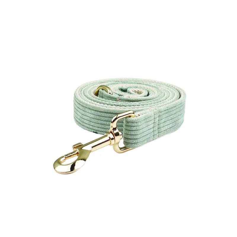 Petspuff Personalised Light Green Corduroy Dog Collar & Lead Set – Engraved Name Tag, Bow & Harness
