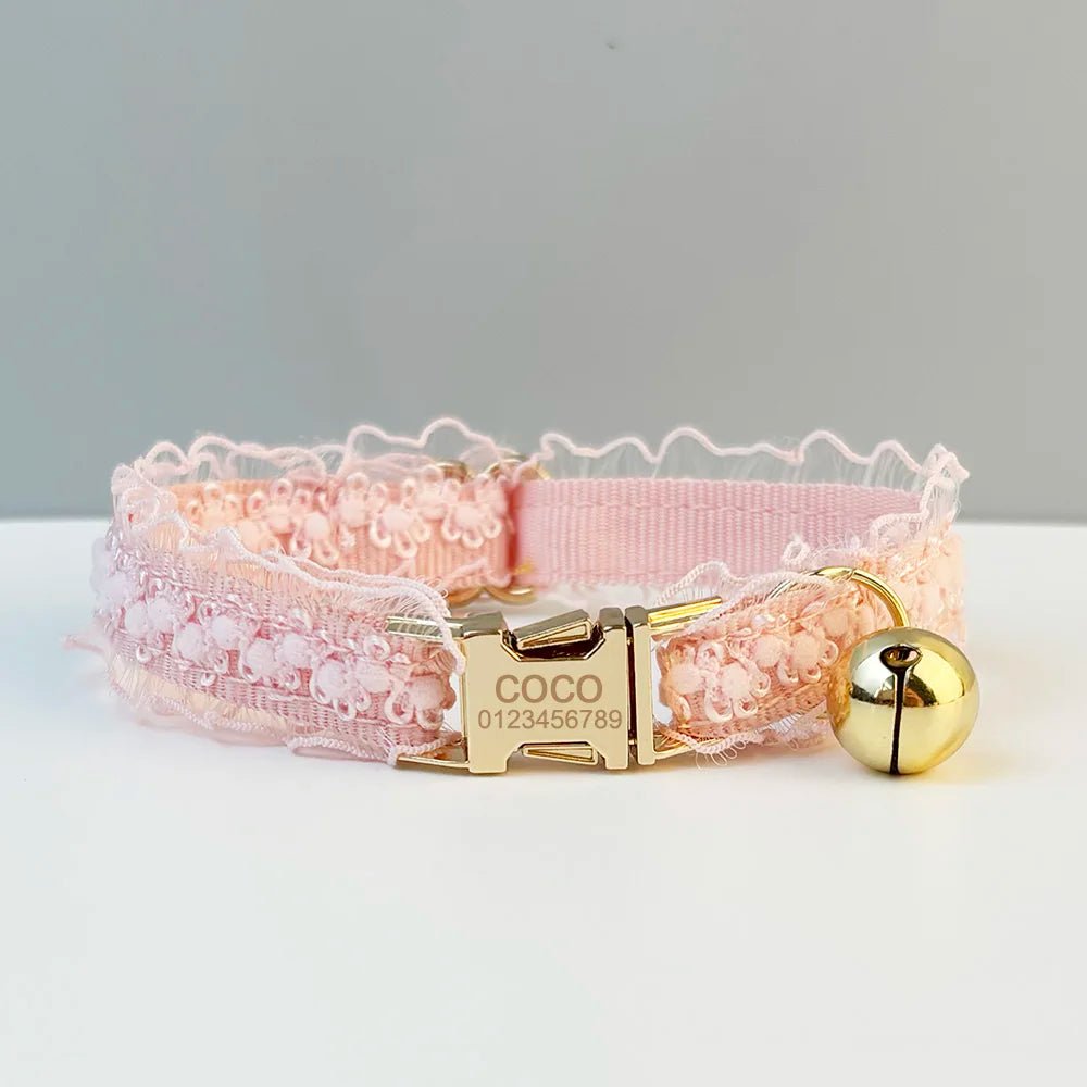 Petspuff Personalised Lace Cat Collar with Bell – Engraved Name Tag | 5 Colours