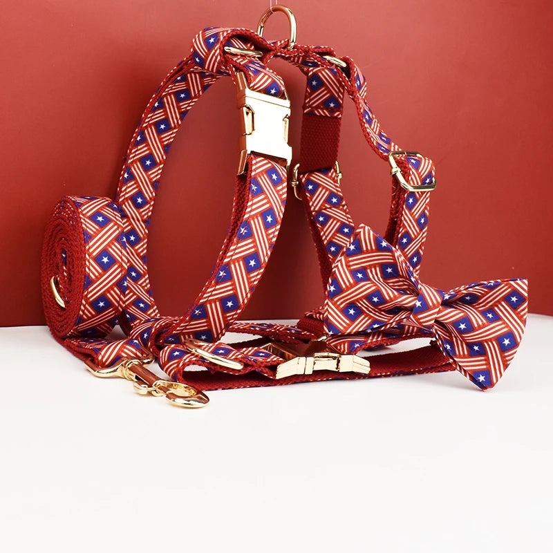 Petspuff Flag Print Cotton Dog Collar, Harness & Lead Set with Bow – XS–XL