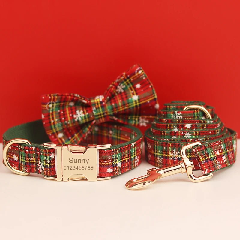 Petspuff Personalised Handmade Knitted Dog Collar, Harness & Lead Set – Engraved Name Tag | Christmas - Petspuff