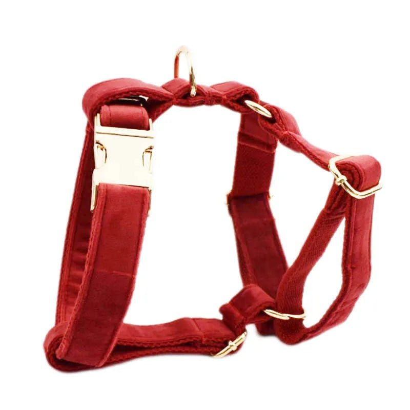 Petspuff Personalised Cherry Red Velvet Dog Collar & Lead Set – Engraved Name Tag, Bow & Harness - Petspuff