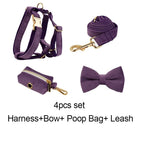 Petspuff Personalised Corduroy Dog Collar & Lead Set – Engraved Name Tag, Bow, Harness & Poop Bag