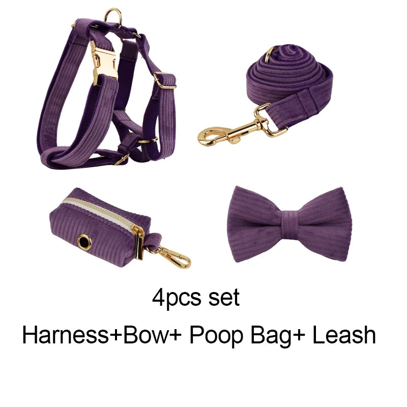 Petspuff Personalised Corduroy Dog Collar & Lead Set – Engraved Name Tag, Bow, Harness & Poop Bag