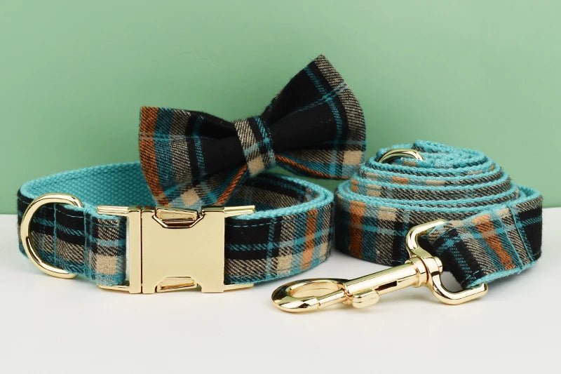 Petspuff Plaid Dog Collar, Harness & Lead Set with Bow – 4-Piece Walking Set | XS–XL
