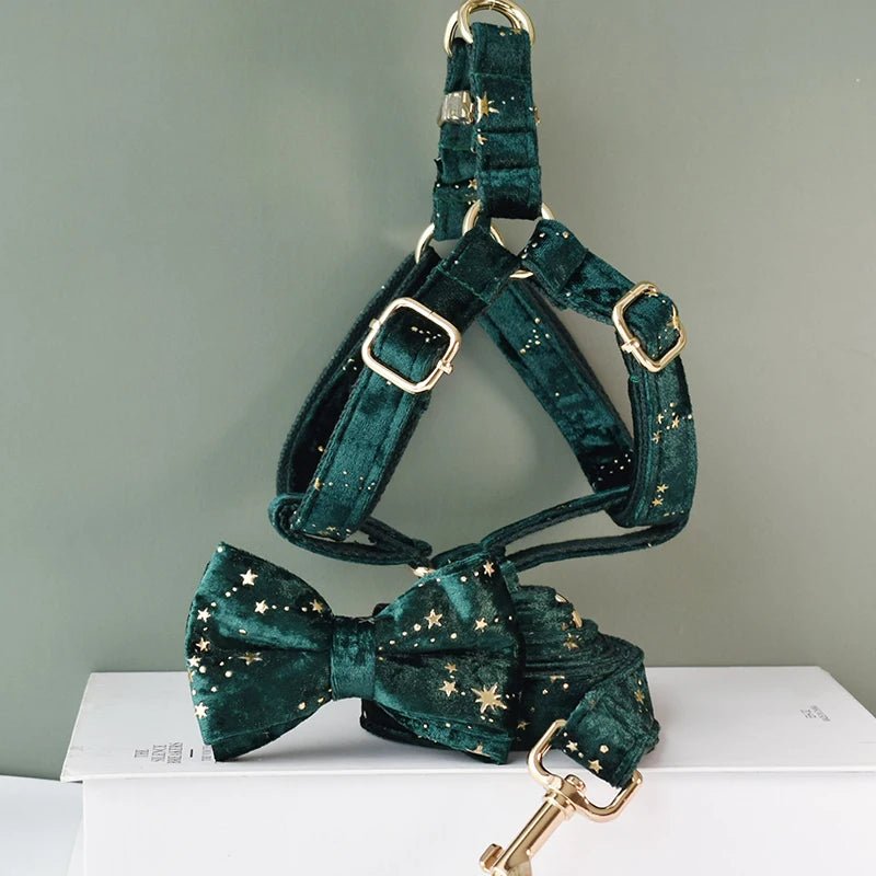 Petspuff Personalised Green Velvet Dog Harness & Lead – Engraved ID Tag, Gold Hardware & Bow - Petspuff