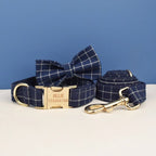 Petspuff Personalised Navy Check Dog Collar & Lead Set – Engraved Name Tag, Bow & Harness