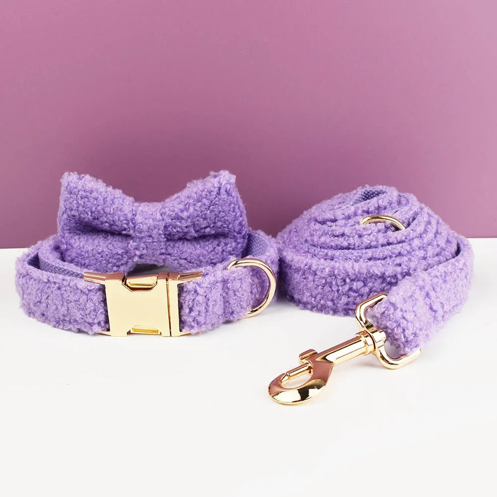 Petspuff Personalised Teddy Velvet Dog Collar, Harness & Lead Set – Engraved Name Tag & Bow | Style 07 - Petspuff