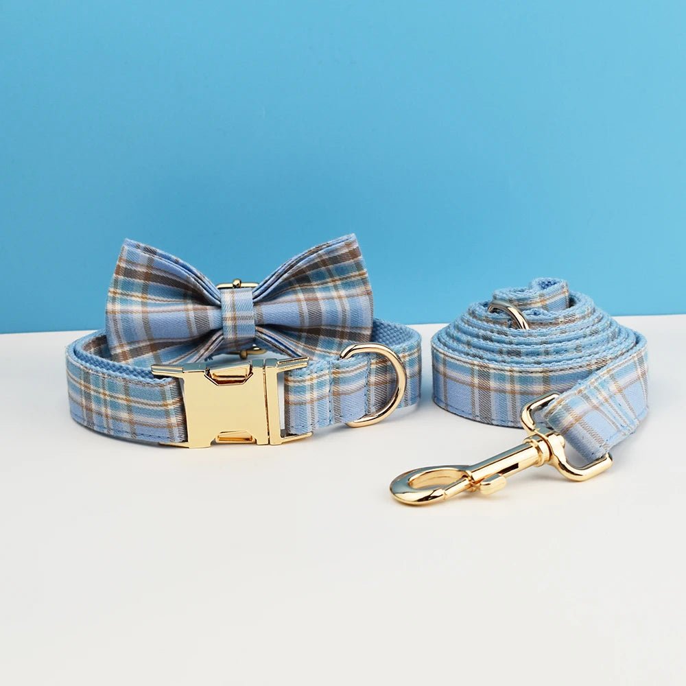 Petspuff Personalised Plaid Bow Dog Collar & Lead – Engraved Name Tag | 7 Designs, XS–XL - Petspuff