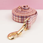 Petspuff Personalised Pink Plaid Dog Collar, Harness & Lead Set – Engraved Name Tag & Bow - Petspuff